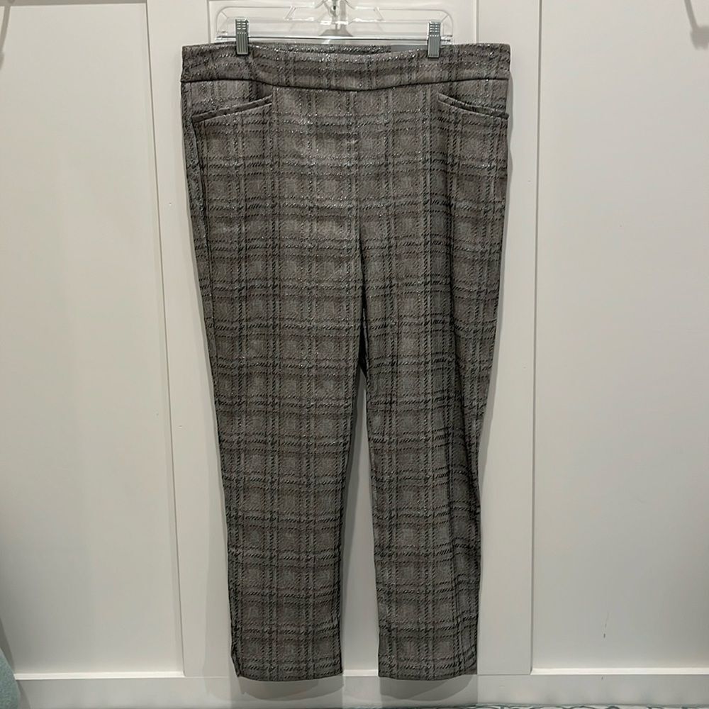 Chico's So Slimming Brigette Plaid Shine Metallic Silver Ankle Pants